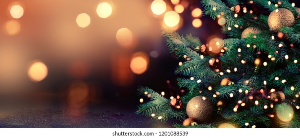 Decorated Christmas tree on blurred background. Stock Photo