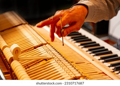 熟練した技術者による繊細なピアノの調律の写真素材
