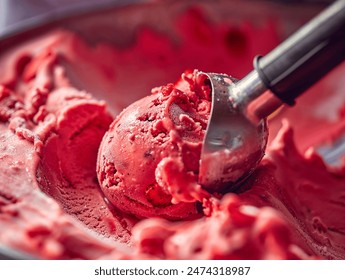 A detailed view showcasing a scoop of red strawberry ice cream 库存照片