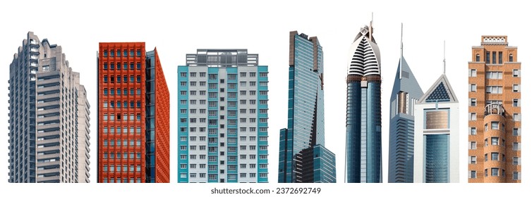 Different styles of modern buildings isolated on white background, high rise buildings. Stock-foto