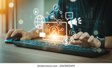 Digital marketing media (website ad, email, social network, SEO, video, mobile app) Businessman uses laptop to do online marketing to attract customers ,Merchant marketing attracts customers. Stock-foto