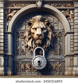 Digital service act (Europe) concept: lock on  on A lions gate, mighty lion head keeps entrance