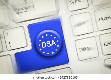 Digital services act (DSA) concept: enter key on computer keyboard with europe flag, and the text "DSA" Digital Services Act Foto stock