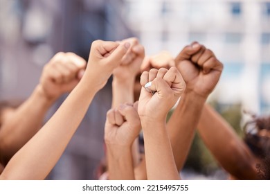 Diversity, hands and fist in community protest for human rights, racism and equality in fight for justice in the city. Group hand of people in strike for economic or government change in a urban town – Ảnh có sẵn