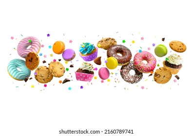 Donuts, cookies, cupcakes macaroons levitation isolated over white background. Cakes, sweets, confectionery collage background. स्टॉक फ़ोटो