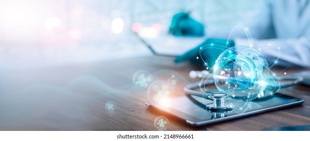 Стоковая фотография: Doctor diagnose digital patient record on virtual medical network on Computing electronic medical record. Digital healthcare and network connection interface, Global health care. Medical technology. 