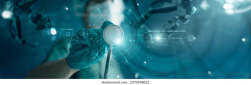 Стоковая фотография: 
Doctor with stethoscope and Ui icon medical with advanced surgery robotic are precision on virtual interface, Future of healthcare, Medical, Science and Technology.