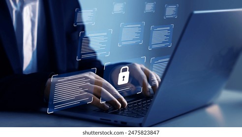 Documents confidentiality,cyber security protection concept. Protecting herself from cyber attacks. Software for security, searching and managing corporate document and employee information.  स्टॉक फोटो