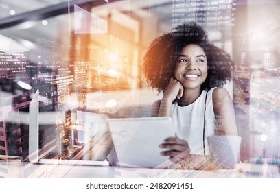 Double exposure, black woman and happy in office with tablet for online research, email and communication as hr manager. Female person, employee and thinking with smile, future and growth in business Arkistovalokuva