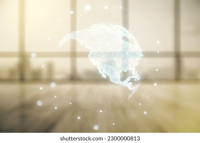 Double exposure of digital map of North America hologram on empty modern office background, research and strategy concept Foto stock