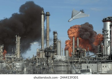 Drone attack on oil refinery, oil depot fire, explosions and fire. Arkistovalokuva