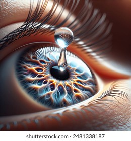 A drop of eye drops falls on the surface of a beautiful eye in a horizontal position