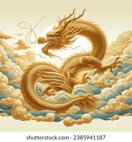 dragon flying through clouds up to the sky, in golden chinese art style