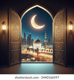 During Eid celebrations in Dubai, the Islamic open door background with a crescent moon is illuminated by night light