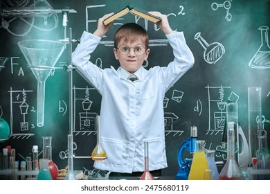 Educación y desarrollo temprano de los niños. Un joven científico, un niño con bata blanca y gafas, lleva a cabo experimentos en un laboratorio químico. Hobby. Foto de stock