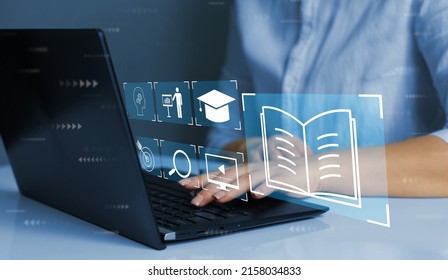 E-learning education, internet lessons and online webinar. Person who attends online lessons on a digital screen.Education internet Technology., fotografie de stoc
