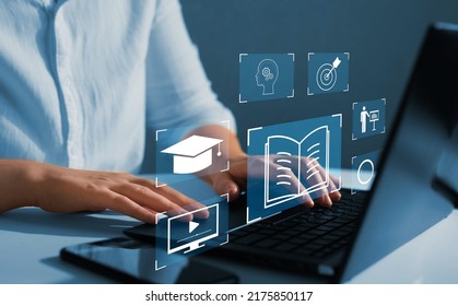 E-learning education, internet lessons and online webinar. Education internet Technology. Person who attends online lessons on a digital screen. स्टॉक फोटो
