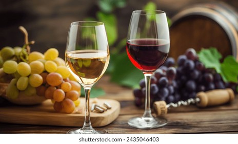 上品な赤ワインと白ワインの試飲、ぼかした背景のグラスとブドウの接写	の写真素材