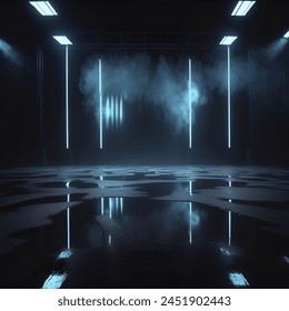 Empty background scene. Dark street reflection on wet asphalt. Rays of neon colorful light in the dark, neon figures, smoke. Background of empty stage show. Abstract dark and neon light background.: stockfoto