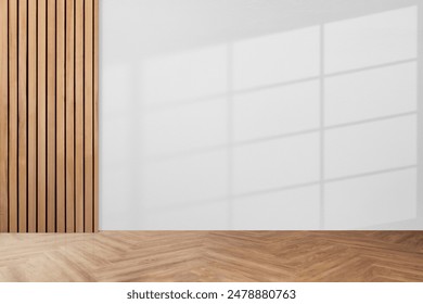 empty minimal room interior design window shadow with fishbone flooring gray wall on background Stockfoto