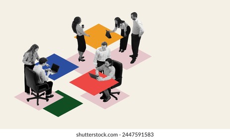 Employees sitting at different tables, cooperating with each other and doing different tasks. Contemporary art collage. Collective effort to achieve goals. Concept of business, teamwork - Φωτογραφία στοκ