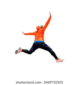 Energetic person in vibrant sportswear jumping mid-air against a white background, highlighting fitness and athleticism. Foto stock