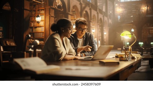 Engaged Multiethnic Students Collaborating on a Project in a Historic Library. Young Man and Woman Using Laptop, Discussing Academic Research Surrounded by Books in a Warmly Lit Study Environment. Arkistovalokuva