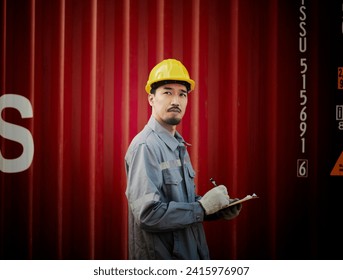 Engineer OR Worker is writing and check on checklist document during safety audit and inspection at container cargo yard Stock Photo
