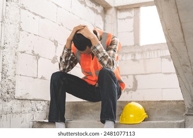 Engineer industry unemployed. Feeling stress, tired and headache asian man sitting depressed on stair at site, worker male crisis in factory, fired unemployment from economy, lost job, jobless concept 庫存照片