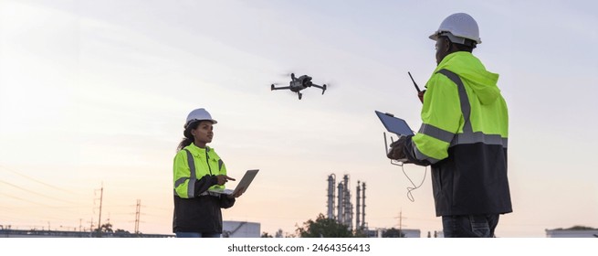 Engineer surveyor team Use drone for operator inspecting and survey construction site. Surveyors or explorer use drones to view construction sites or check security: stockfoto
