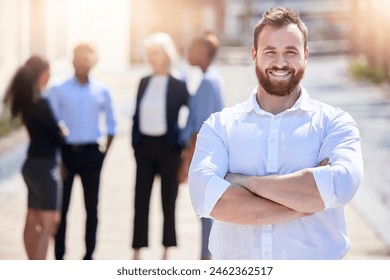 Entrepreneur, portrait and man outdoor with arms crossed as leader of sales team at car dealership, Happy, salesman and confidence in city with vehicle insurance or selling used cars with group Stockfoto
