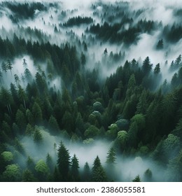 evergreen forest view from overhead, fog rolling in, looks like the pacific northwest