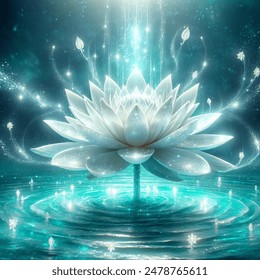 Extremely powerful shiny lotus flower with reiki energy in a beautiful turquoise water environment chakras balance white spiritual shining her light otherworldly 