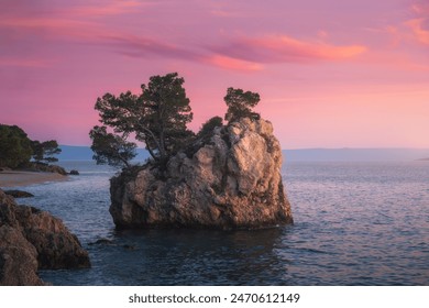 Famous rock with green trees on top and blue sea in Brela, Croatia at sunset in summer. Colorful landscape with sea, cliff and pink sky at dusk. Travel. Nature background. Sea coast and calm water Stockfoto