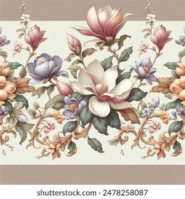 fancy floral border pattern, magnolia flowers, seamless, intricate details, lush flowers and leaves, elegant, ornate, delicate vines, pastel autumn colors, textile design