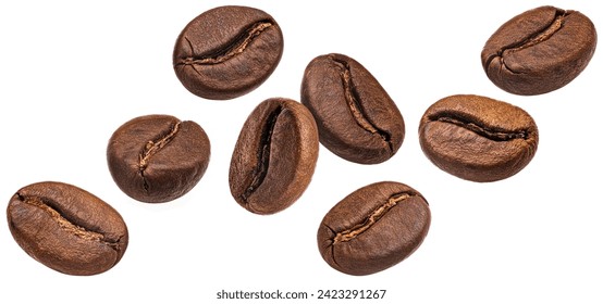 白い背景に落下するコーヒー豆の写真素材