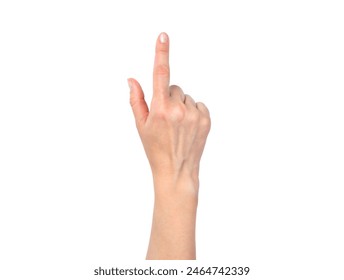 Female hand isolated on a white background. A woman's hand points to something with her index finger. Top view. Stock fotografie