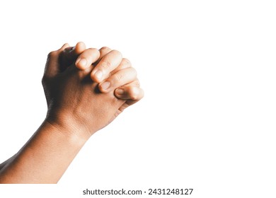 Female hands praying on a white isolated background, Asian woman stands in meditative pose, holds hands in praying gesture, has sense of inner peace, Isolated praying hands, Religion concept.: stockfoto