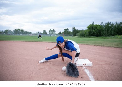 1塁でソフトボールにリーチする女子ソフトボール選手の写真素材