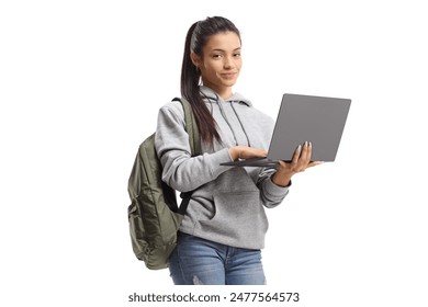 Female student standing with a laptop computer and looking at the camera isolated on white background Adlı Stok Fotoğraf