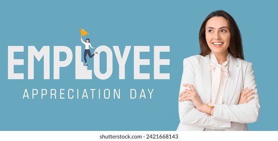 Festive banner for Employee Appreciation Day with young businesswoman Arkistovalokuva