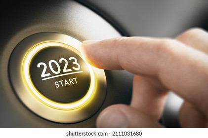 Finger about to press a car ignition button with the text 2023 start. Year two thousand and twenty three concept. Composite image between a hand photography and a 3D background. Foto stock