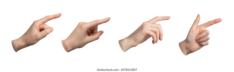 Finger pointing, pointer sign. Gesture with index indicating. Hand showing, touch, tap, click. Isolated on white background. Press screen position. Different angles, forefinger set Stock fotografie