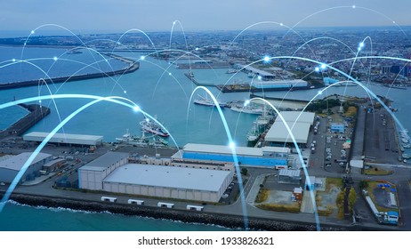 Fishing port and communication network concept. Smart fishery. Foto stock