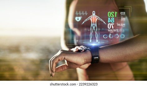건강관리, 스마트 시계 또는 건강 관리, 바디 트레이닝 또는 일몰 자연에서의 운동 심박수에 관한 미래 자료. Runner zoom, sports 또는 black woman on time technology, 3d scan 또는 추상 앱 스톡 사진