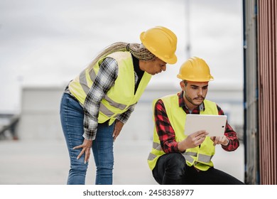 Focused African American woman and Hispanic man in safety gear inspecting project details on a digital tablet at an industrial location.の写真素材