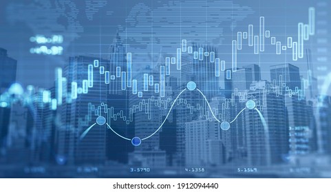 Forex chart over panoramic New York city view. The concept of international consulting at NYC. Hologram world map. Double Exposure. Foto stock