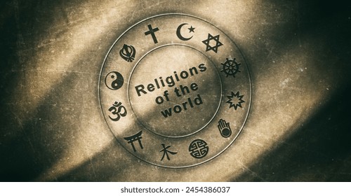 Bandera con símbolos de diversas religiones del mundo grabados en tela texturizada beige con ondas sucias y viejas Foto de stock