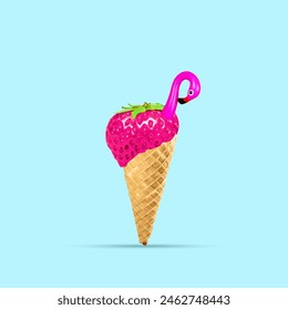 Flamingo swimming circle placed like delicious strawberry ice cream cone on blue background. Contemporary art collage. Concept of summer vibe, surrealism, abstract creative design, pop art Stock-foto