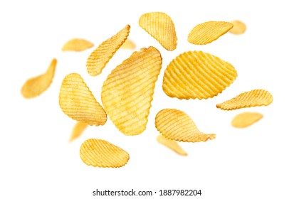 Fluted potato chips levitate on a white background Foto stock
